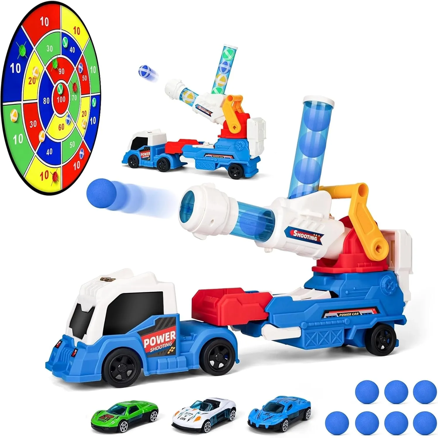 ZHFUYS 28" Truck Toys for Kids, Large Toys Car Include 8 Soft Foam Balls 3 Racing Cars,10 Sticky Balls 4 Darts, Eejection&Shooting Transport Car Toy, Great Gift for 3  Years Old Boys and Girls